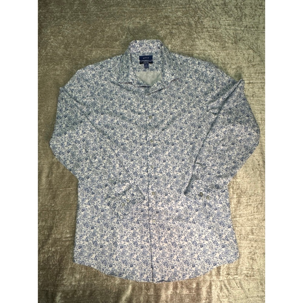 Apt. 9 Premier Flex Performance Mens Slim Fit M Blue White Floral Button-Up